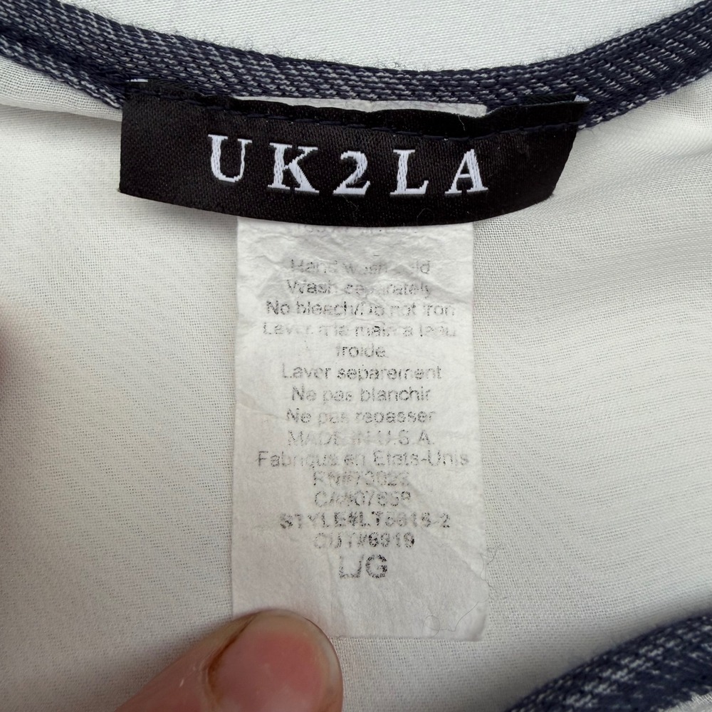 UK2LA Sleeveless High-Low Top Y2K Style Sheer White Navy Trim Boho Festival L - Picture 9 of 12